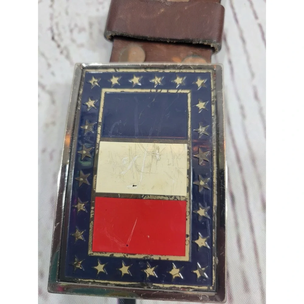 Leather Belt Vintage Americana Patriotic Flag Buckle Steerhide Brown 34
